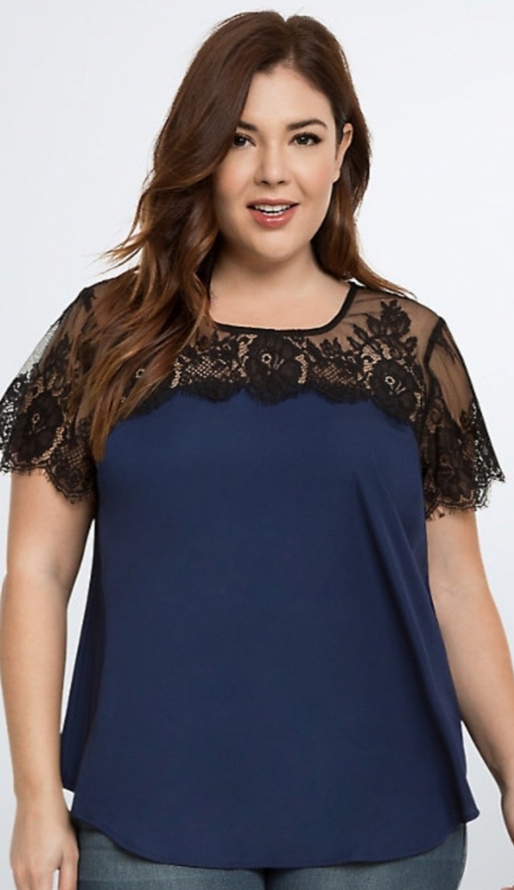 Torrid Size 4 Lace Inset Navy Satin Blouse